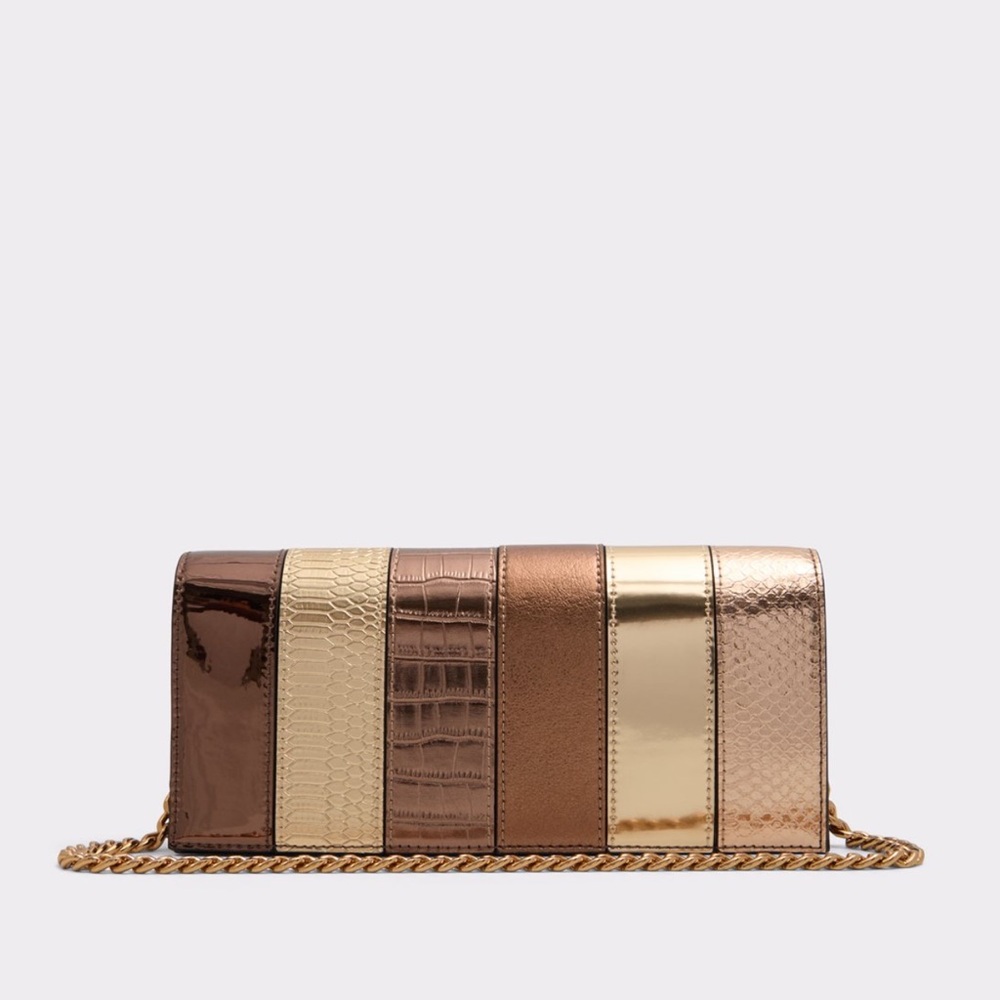 Aldo Elarissaax Brown and Cream metallic Clutch with Gold Chain